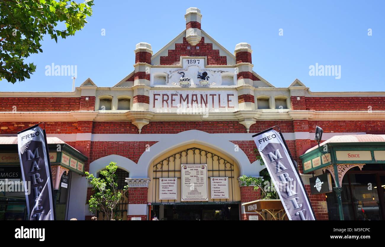 View of buildings and people on the street in downtown Fremantle, a town located near Perth in Western Australia. Stock Photo