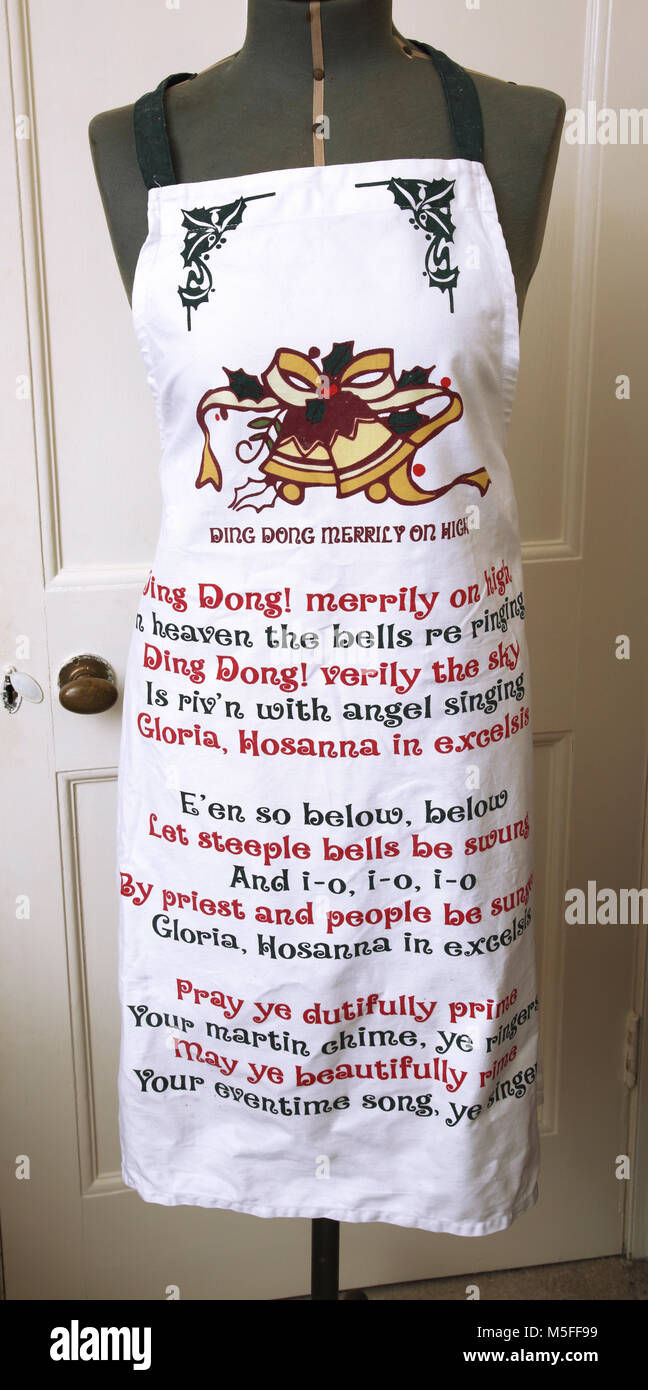 Christmas Apron With Lyrics To Carol Ding Dong Merrily On High Stock Photo Alamy