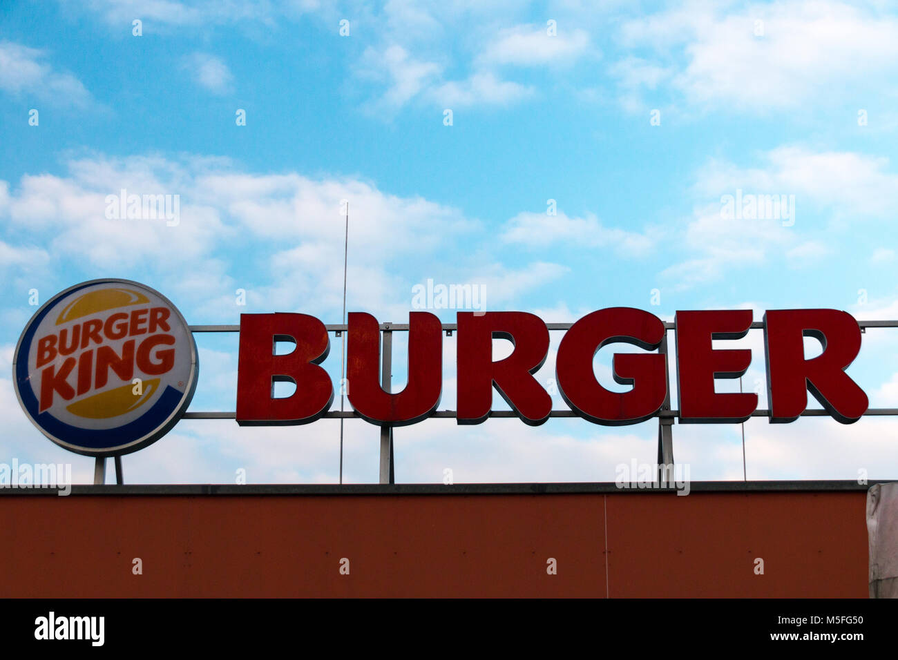 Plötzkau, Germany - 21 February 2018: Advertising sign for Burger King on a motorway rest area. Stock Photo