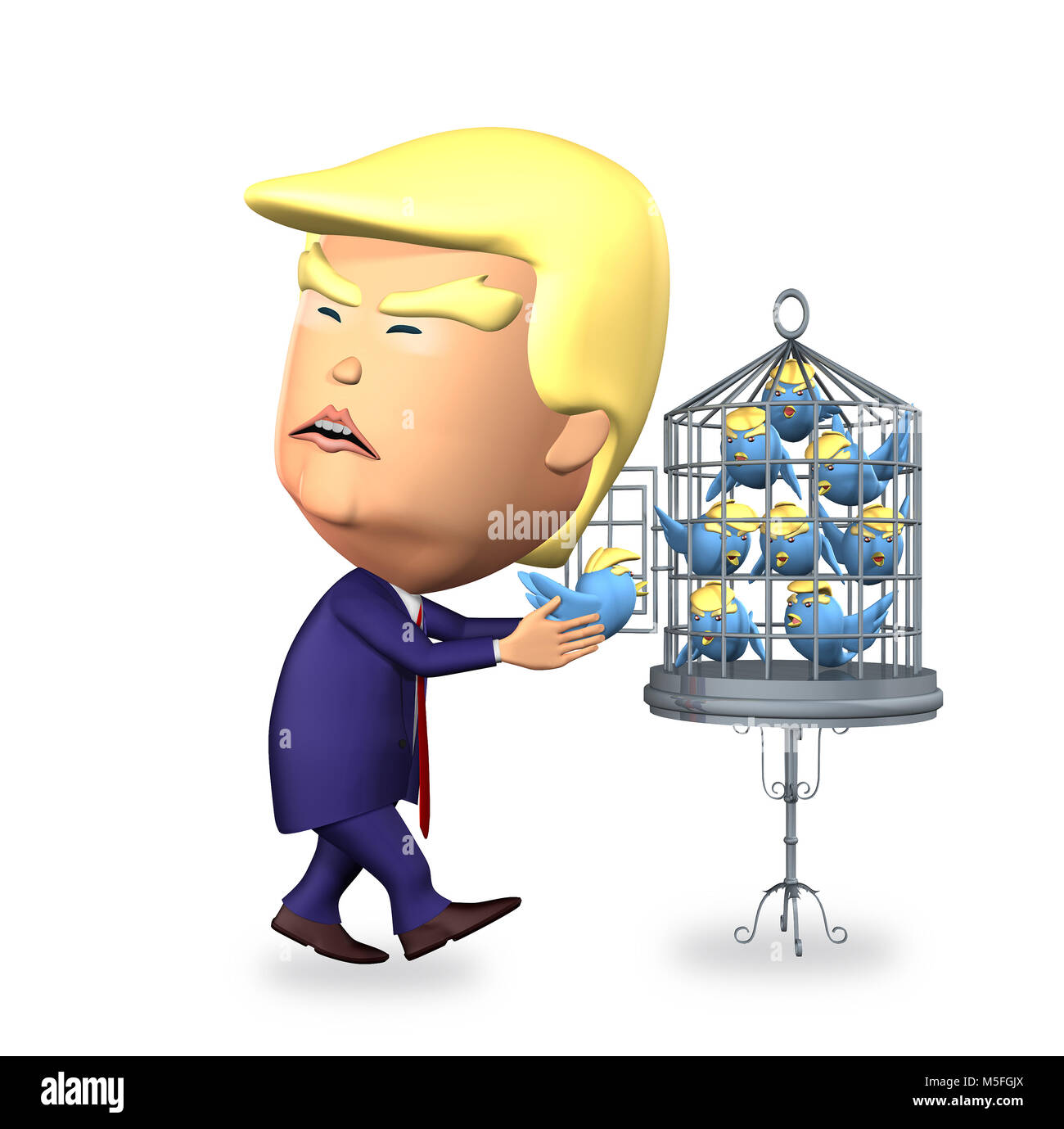 Donald Trump putting Twitter birds in the cage Stock Photo