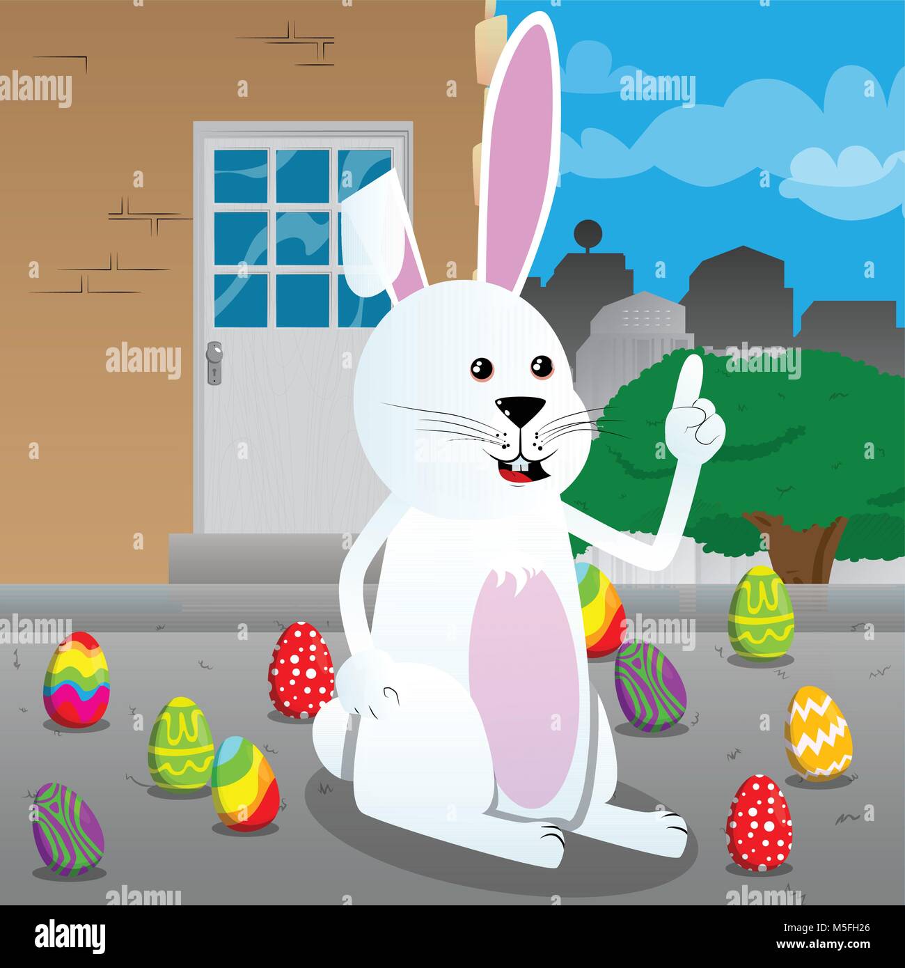 Easter bunny making a point. Vector cartoon character illustration