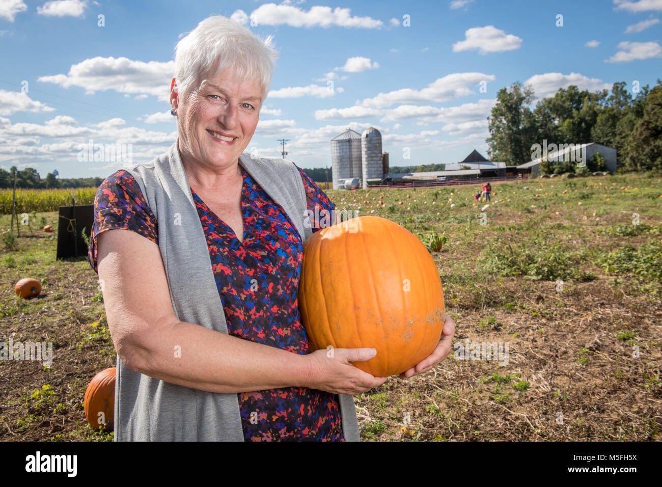 Female farmer smiles while holding a pumpkin in pumpkin patch, Prince Frederick, Maryland Stock Photo