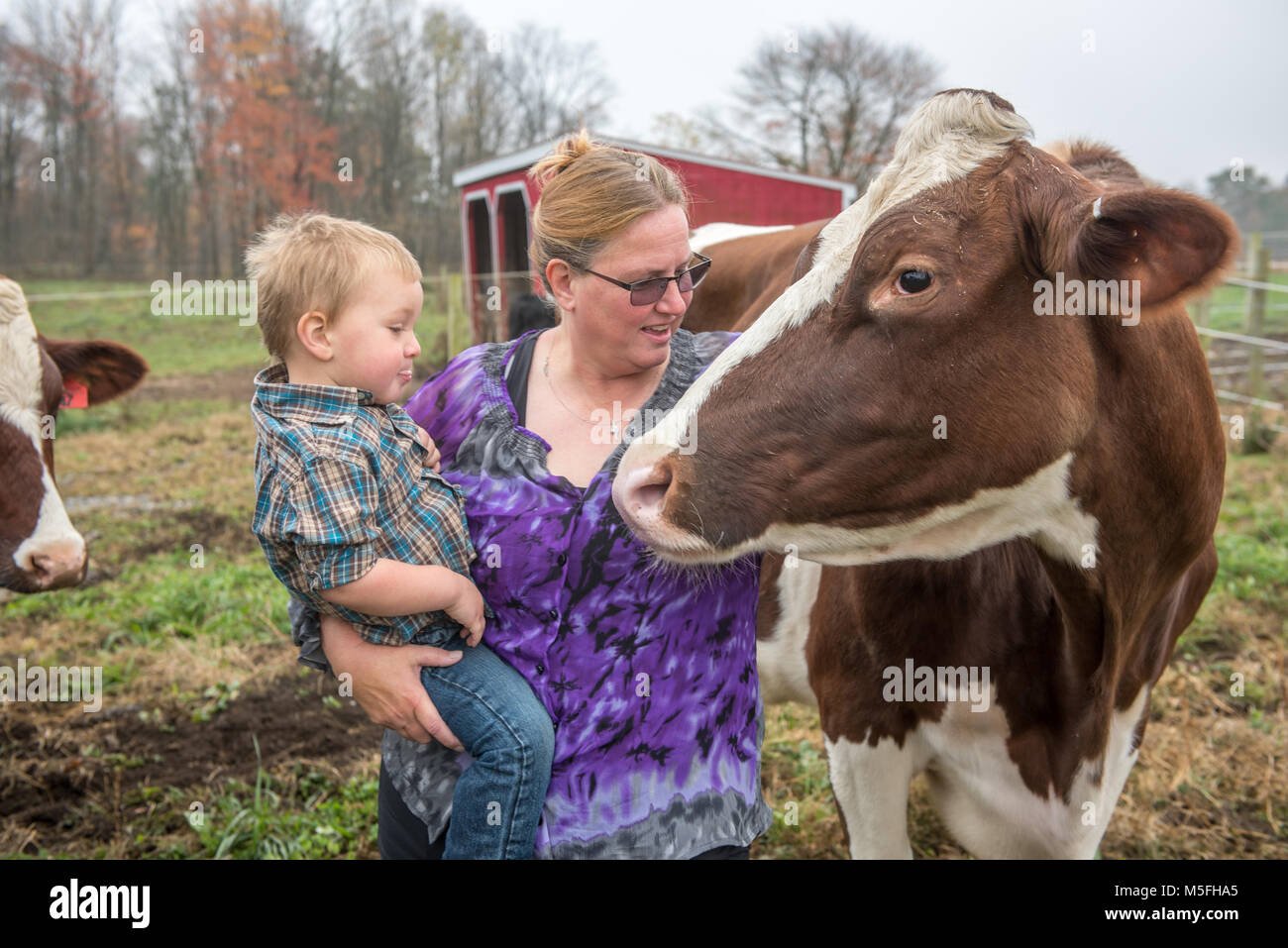 Mother holds onto baby son while endearingly petting cow, Brookville