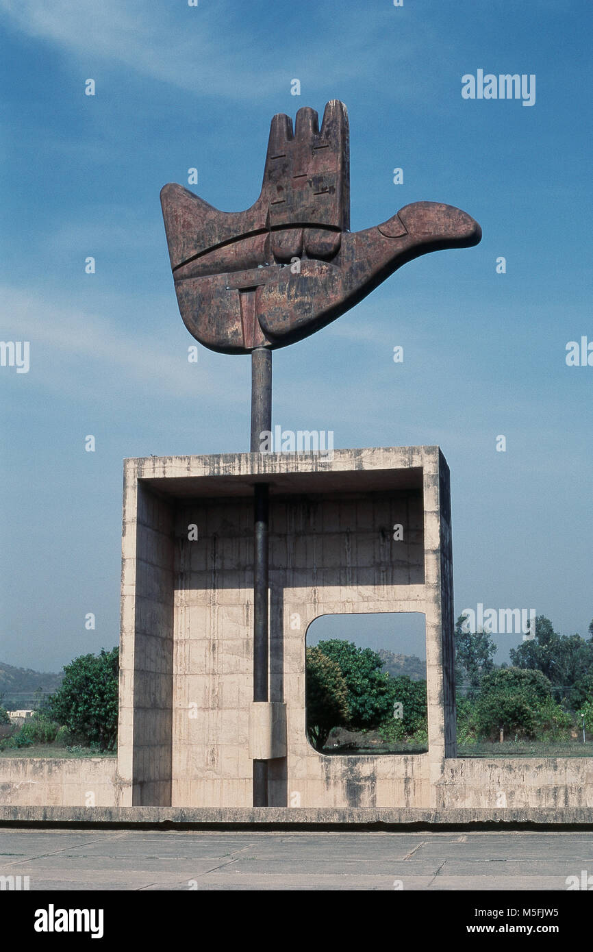 An open hand symbol at Capitol Complex in Chandigarh, India Stock Photo