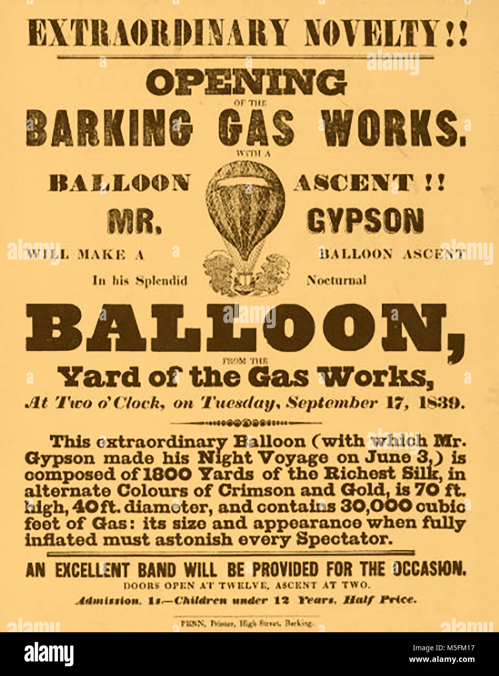 Historic aeronautics, balloons and flying machines - Poster advertising a nocturnal balloon ascent  from during the official opening Barking Gas Works , London 1839 Stock Photo