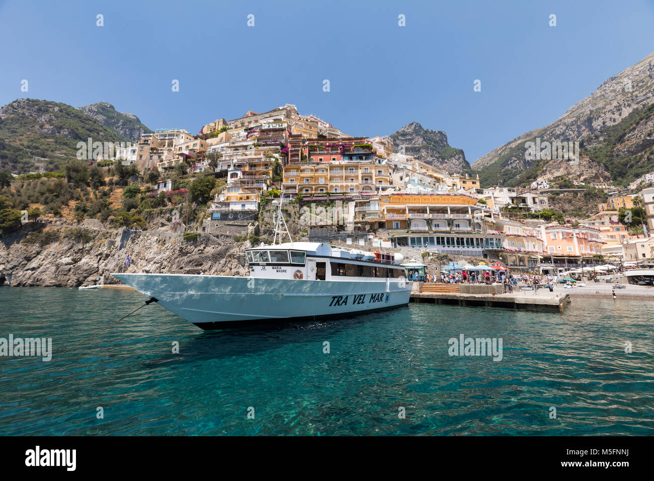 Positano, Italy - June 13, 2017: Positano seen from the sea on Amalfi ...