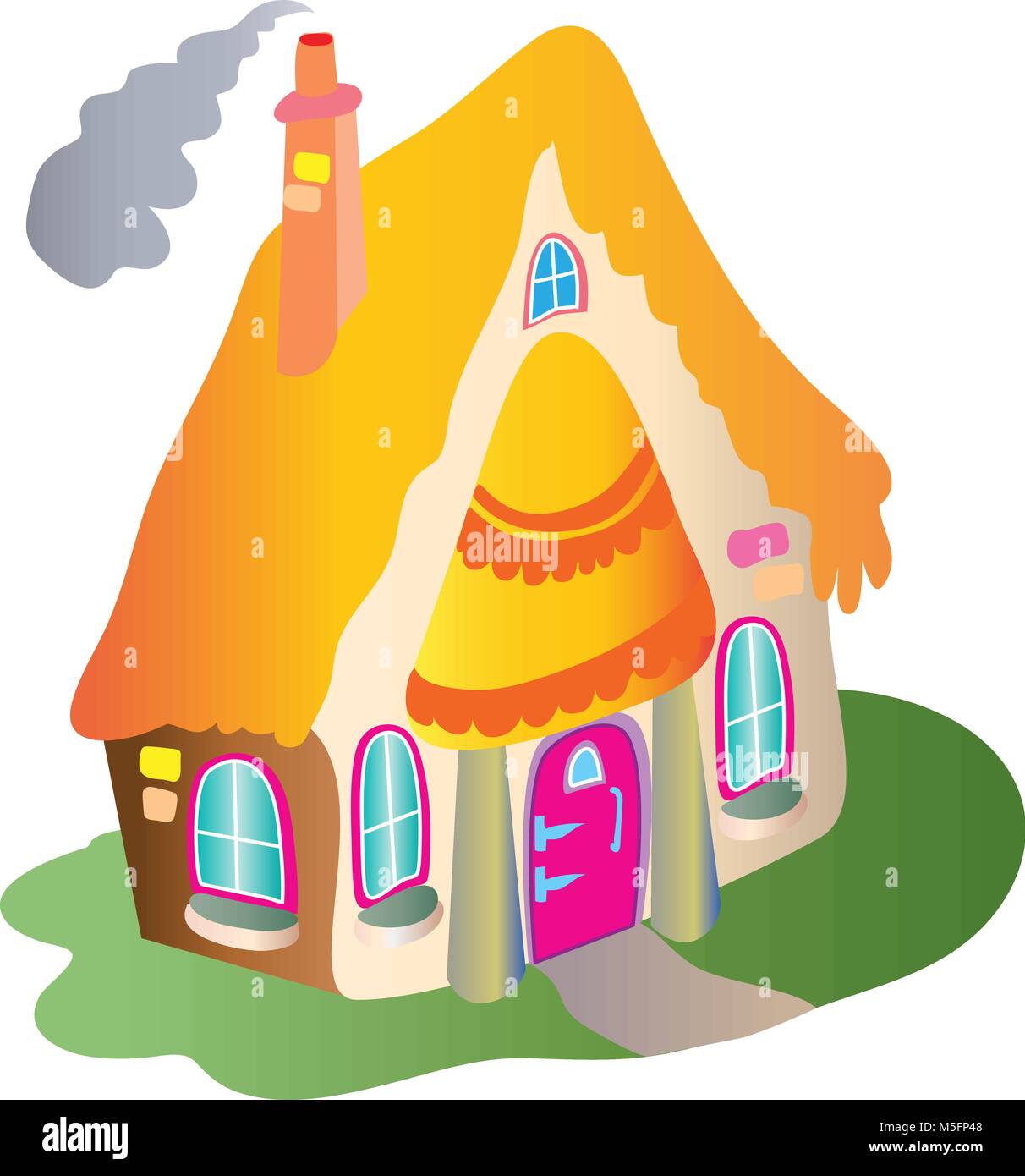 Quaint thatched cottage with small windows and a pink door Stock Vector