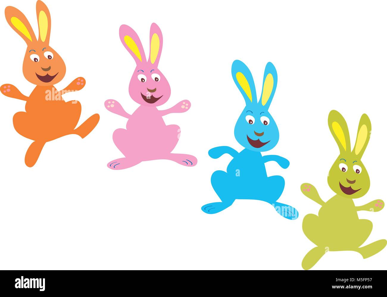 A cartoon illustration of four brightly colored Easter bunnies jumping