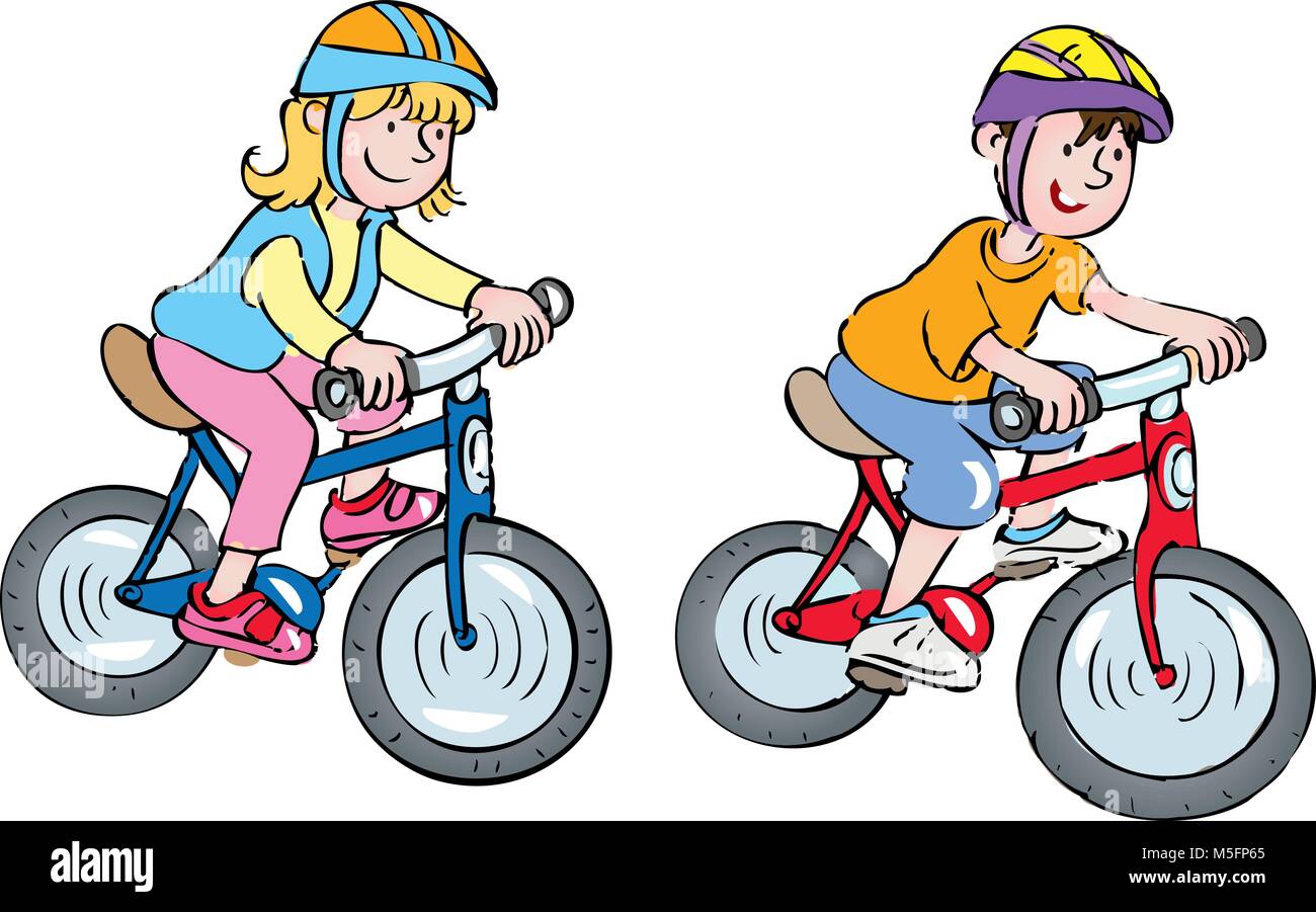 Two cartoon children wearing crash helmets riding their bikes Stock Vector