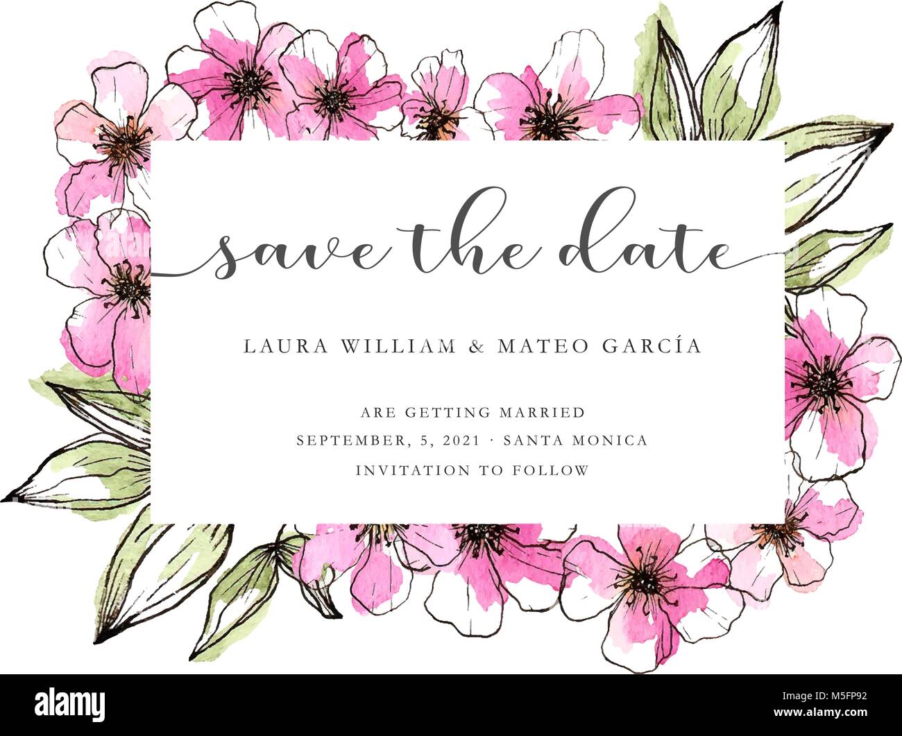 Save the date template with hand drawn pink flowers, lineart and watercolor  style, save the date lettering, wedding template Stock Vector Image & Art -  Alamy