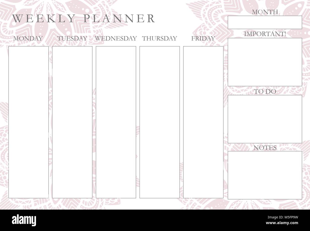 Pink mandalas weekly planner, stationery organizer for daily plans, floral vector weekly planner template, schedules Stock Vector