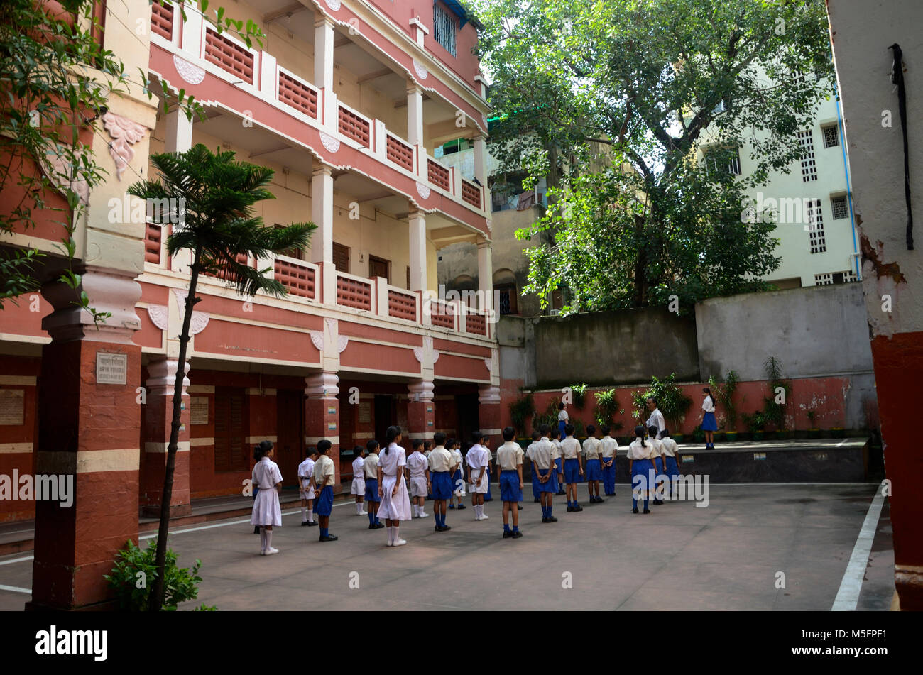 students exercise in school compound, Kolkata, West Bengal, India, Asia Stock Photo