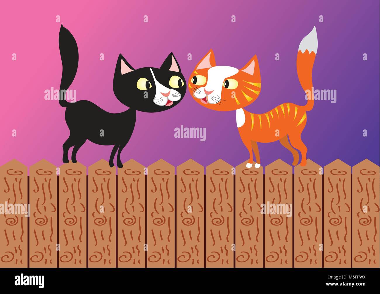 two cartoon cats confronting each other on the top of a fence Stock Vector