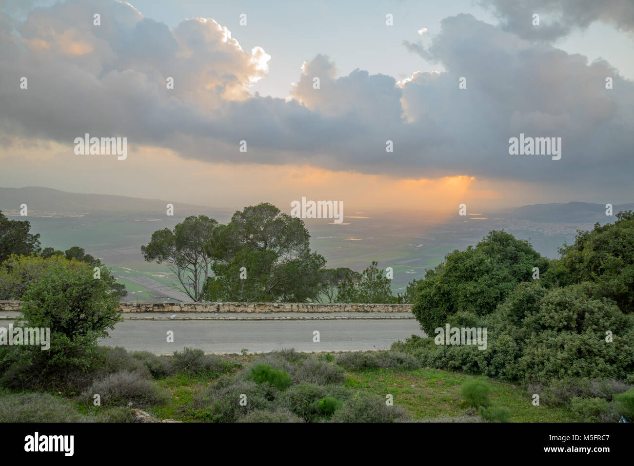 Sunset view of the Jezreel Valley from Mount Tabor. Northern Israel