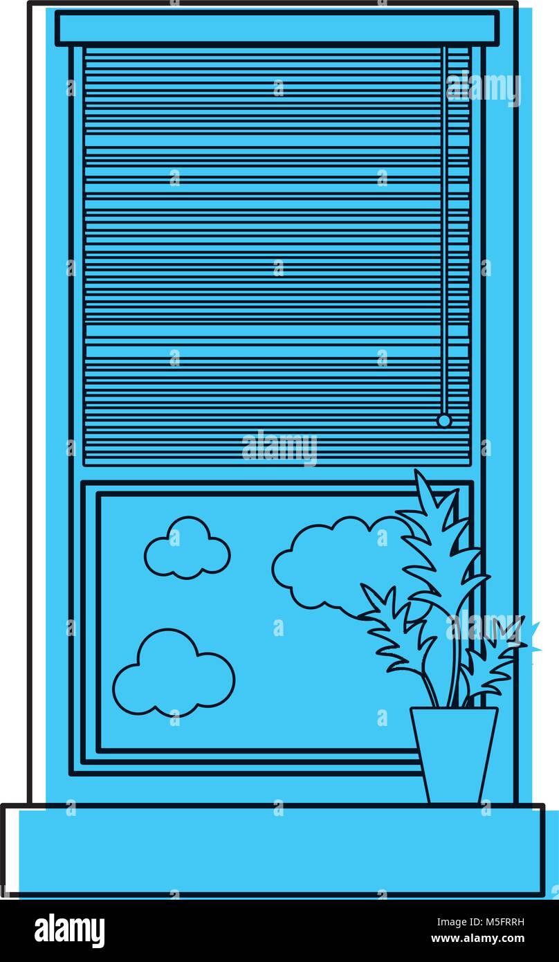 color window with curtain blind open and plant vector illustration ...