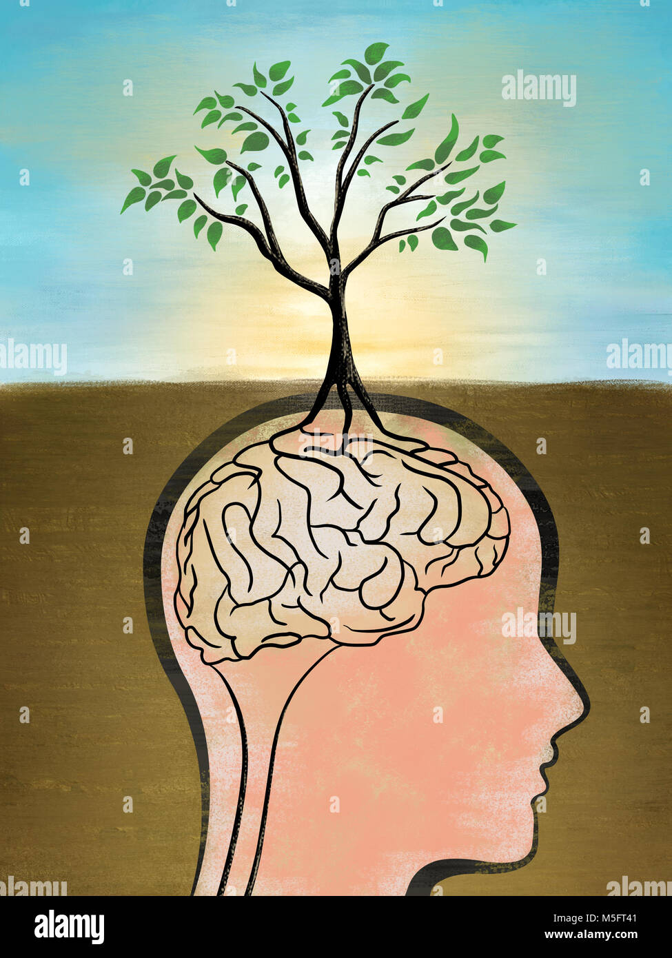 The roots of a tree creates a brain shape. Digital illustration, rough