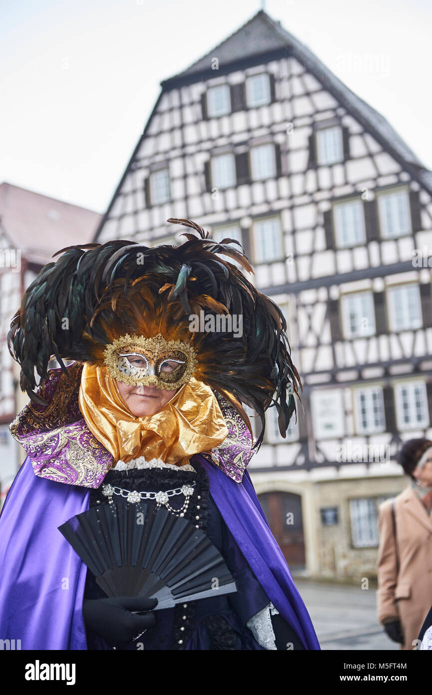 Venetian Carnival in Schwäbisch Hall a small and medieval city in Germany. the festival is called Hallia Venezia. Stock Photo