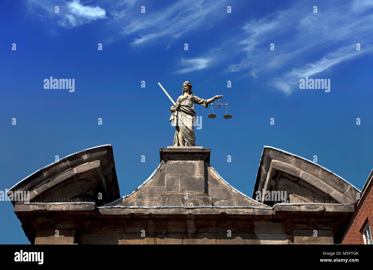 Sculpture of  (Scales of) Justice aka Iustitia, Justitia or Lady Justice (Latin: Iustitia, the Roman goddess of Justice, an allegorical personificatio Stock Photo
