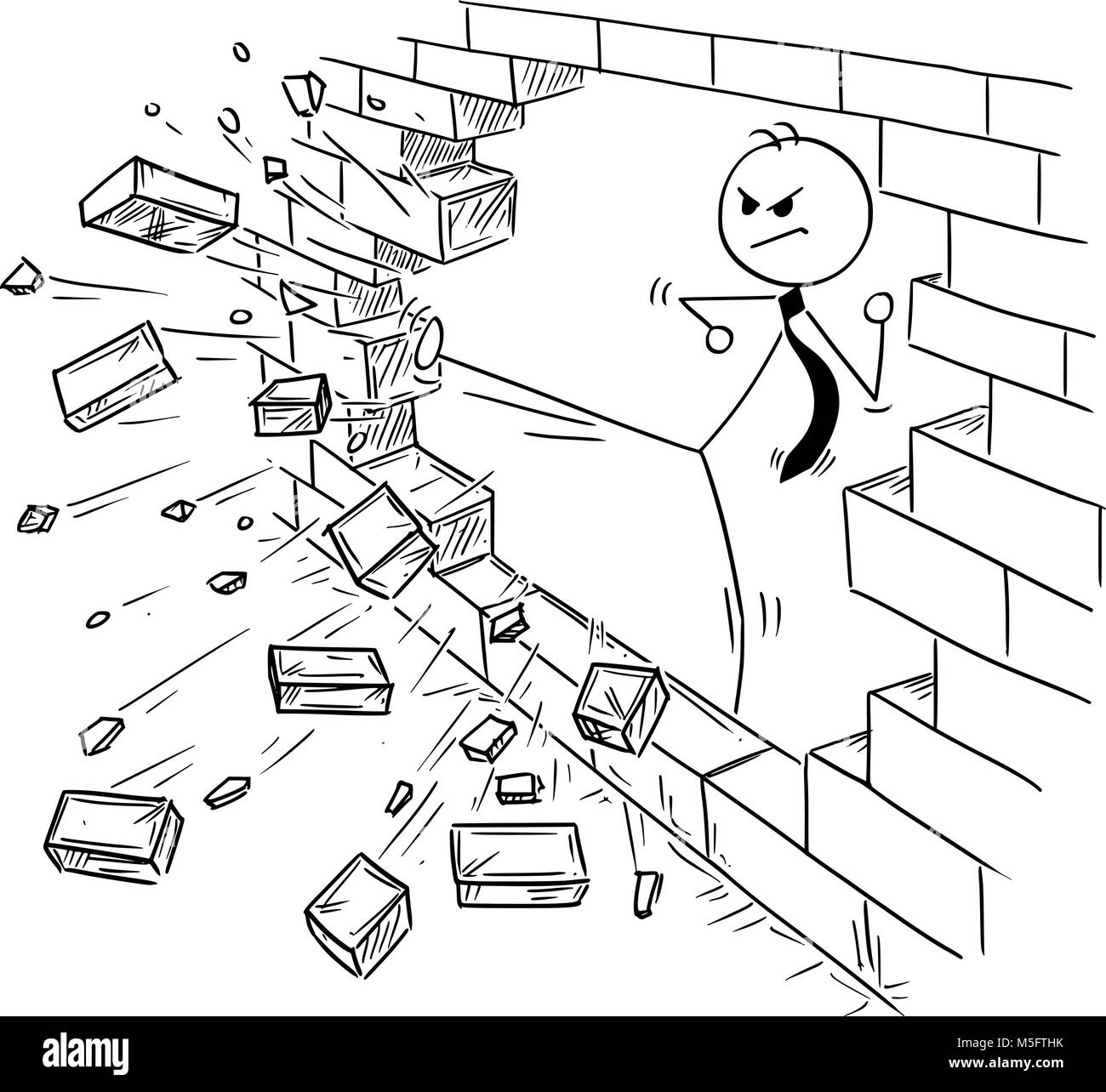 Cartoon of Businessman Kung Fu Kicking the Brick Wall Stock Vector