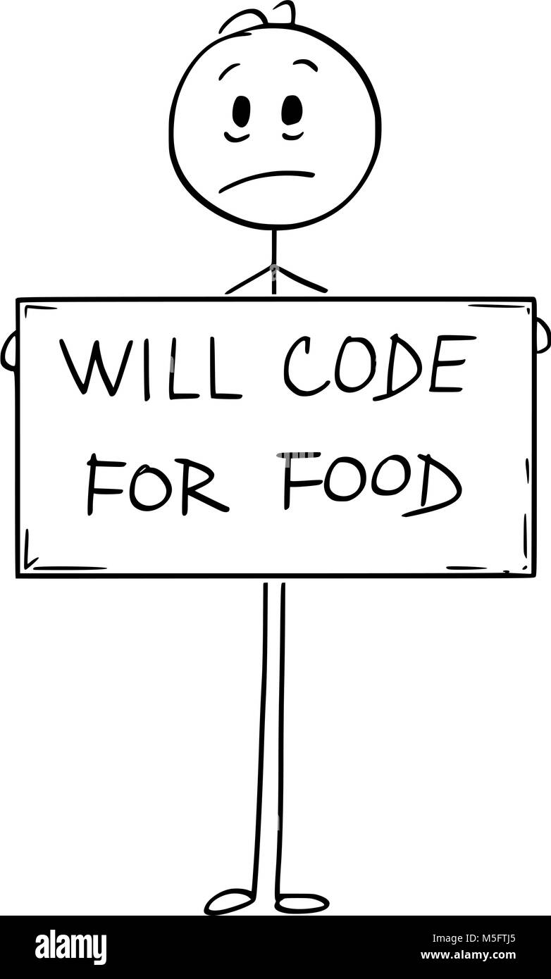 Cartoon of Sad Hungry Unemployed Man Holding Will Code For Food Sign Stock Vector