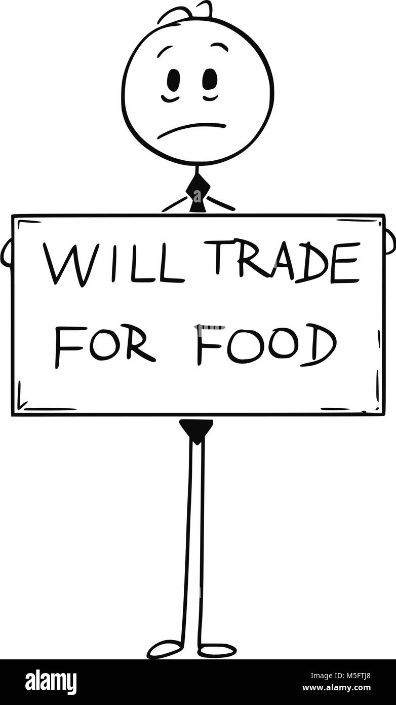 Cartoon of Sad Hungry Unemployed Businessman Holding Will Trade for Food Sign Stock Vector