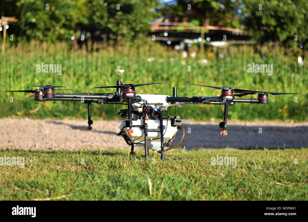 Agriculture drone, photo image of agriculture drone carry a tank of liquid fertilizer parking on green grass ground prepare to spray it in farming are Stock Photo