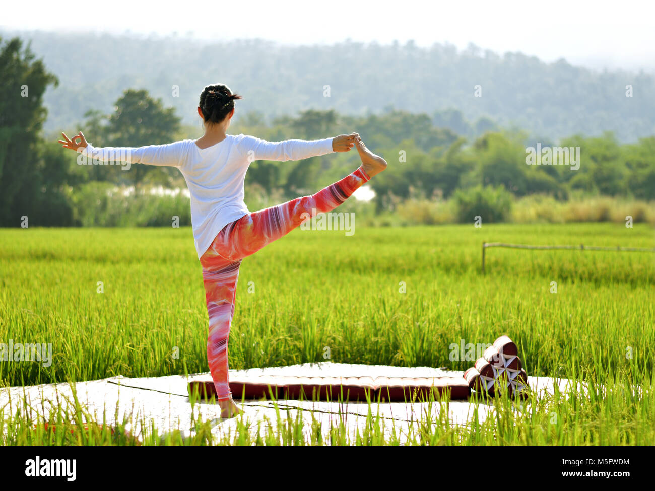 Soft focus image of woman do variation of utthita hasta padangusthasana yoga pose on terrace in green rice field, outdoor yoga workout, body and mind  Stock Photo