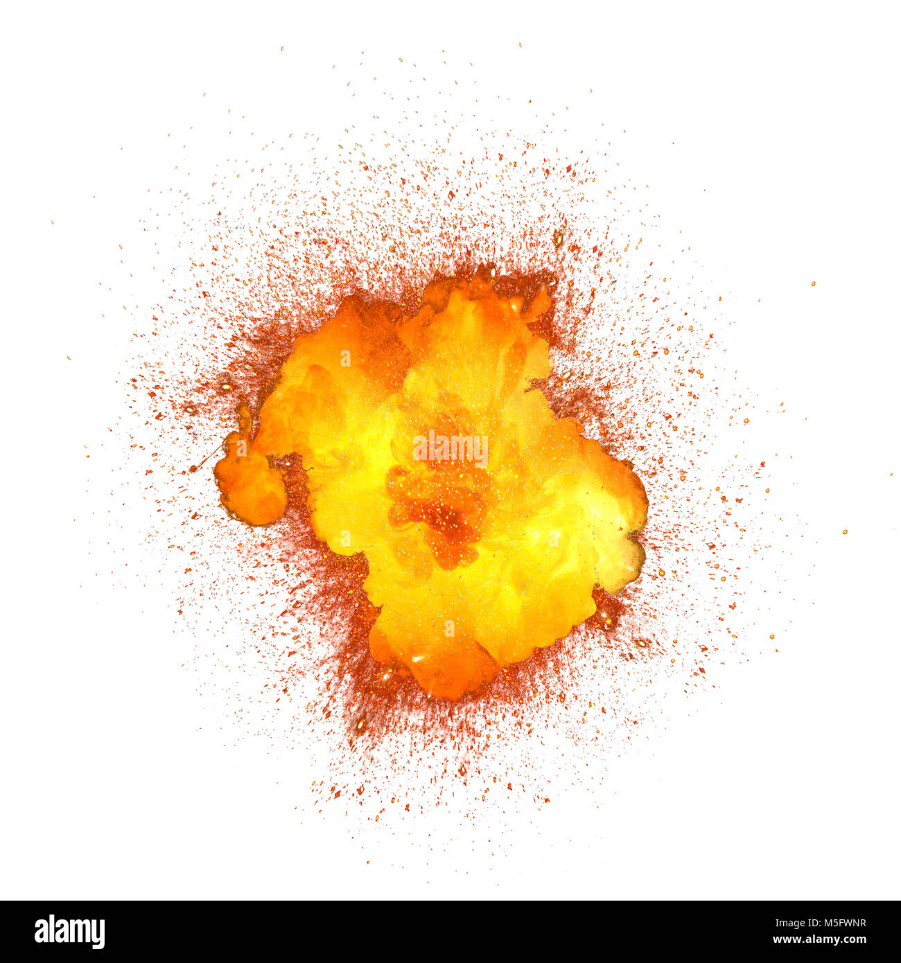 Realistic fiery explosion, orange color with sparks isolated on white background Stock Photo