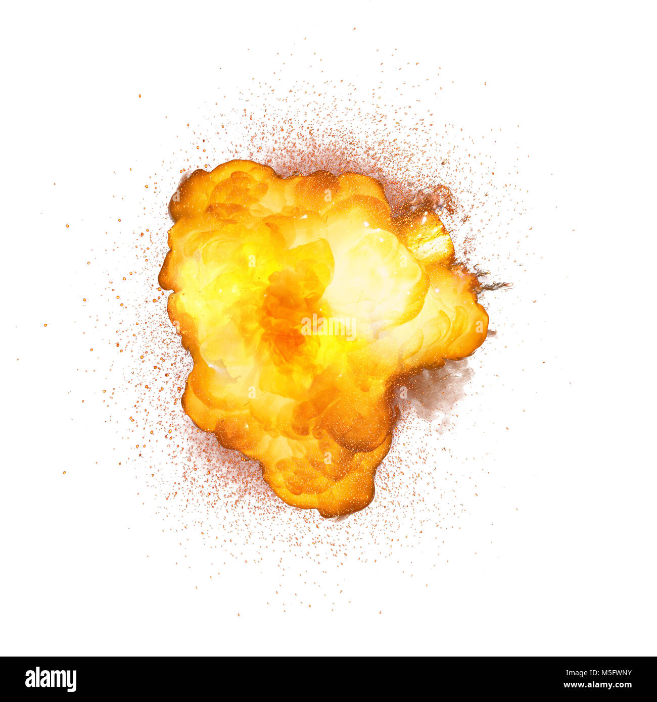 Realistic fire explosion, orange color with sparks isolated on white background Stock Photo