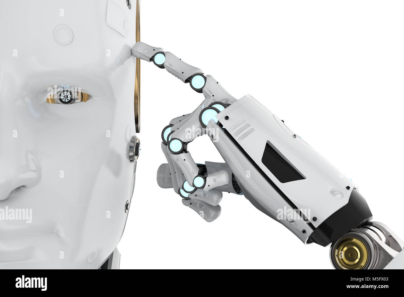 3d rendering humanoid robot thinking or computing on white background ...