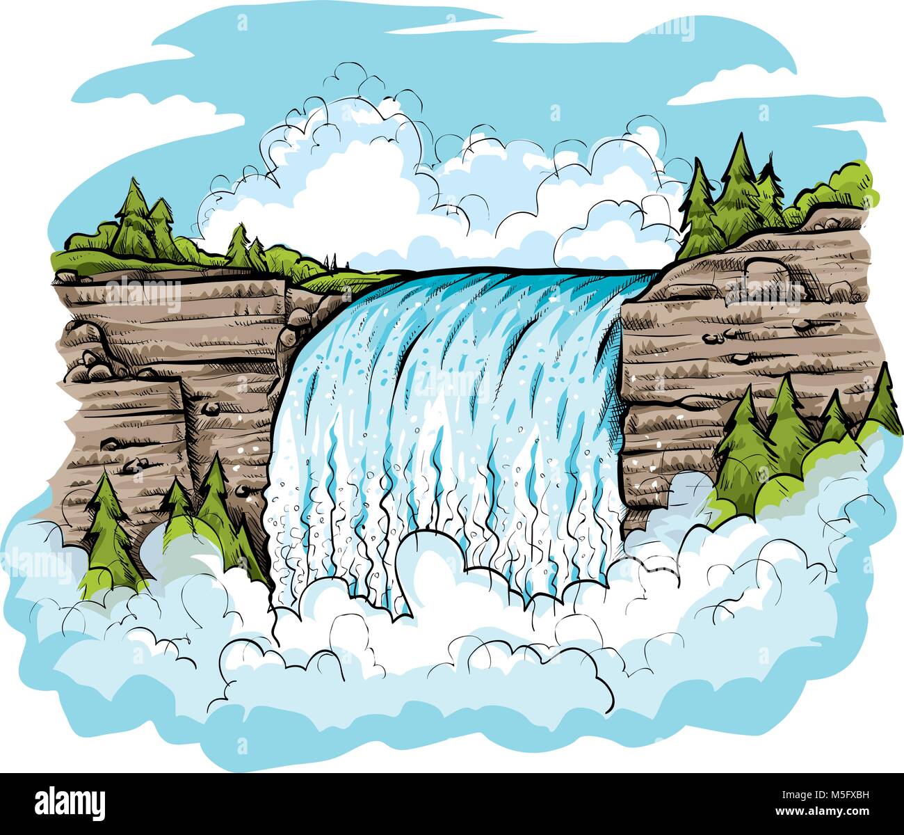 A cartoon waterfall on a bright day. Stock Vector
