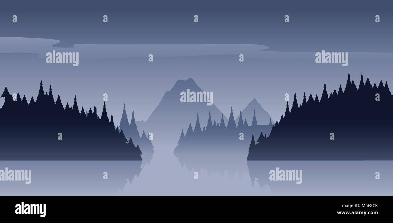 Mist rises above a cartoon lake surrounded by forest and mountains. Stock Vector