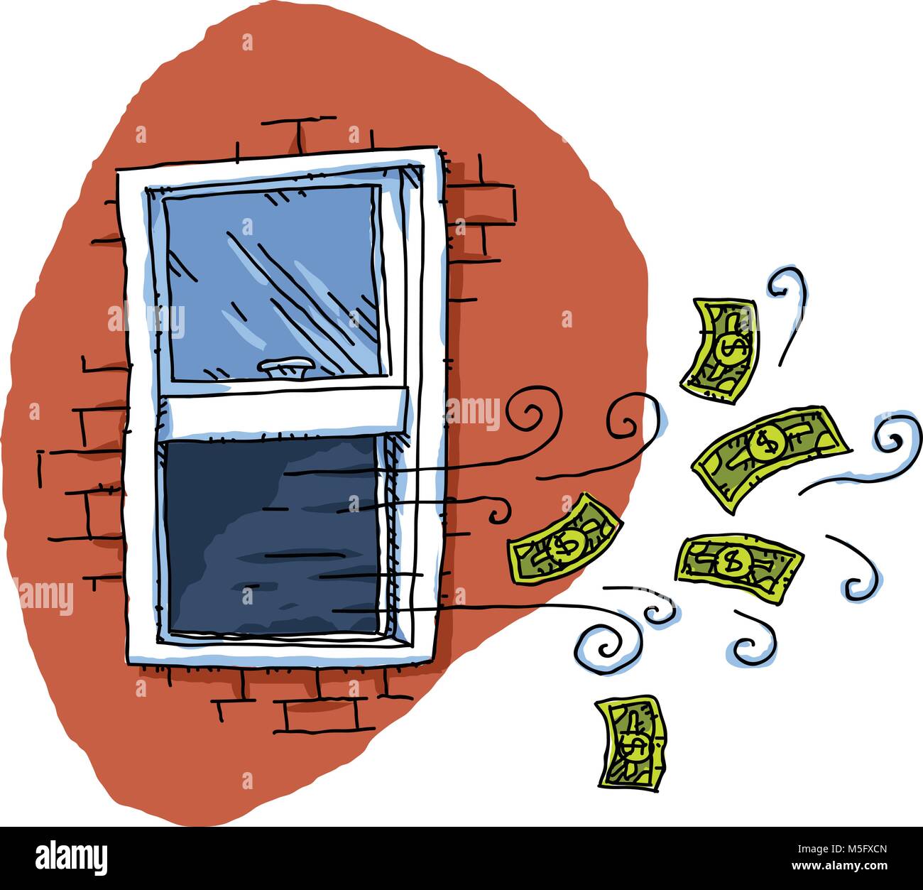 Cartoon cash money blows out of an open window. Stock Vector