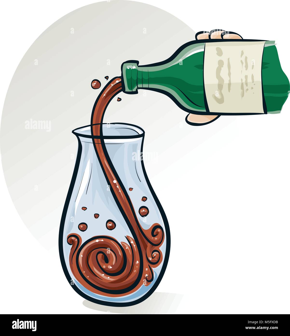 A cartoon bottle pouring red wine into a decanter Stock Vector Image