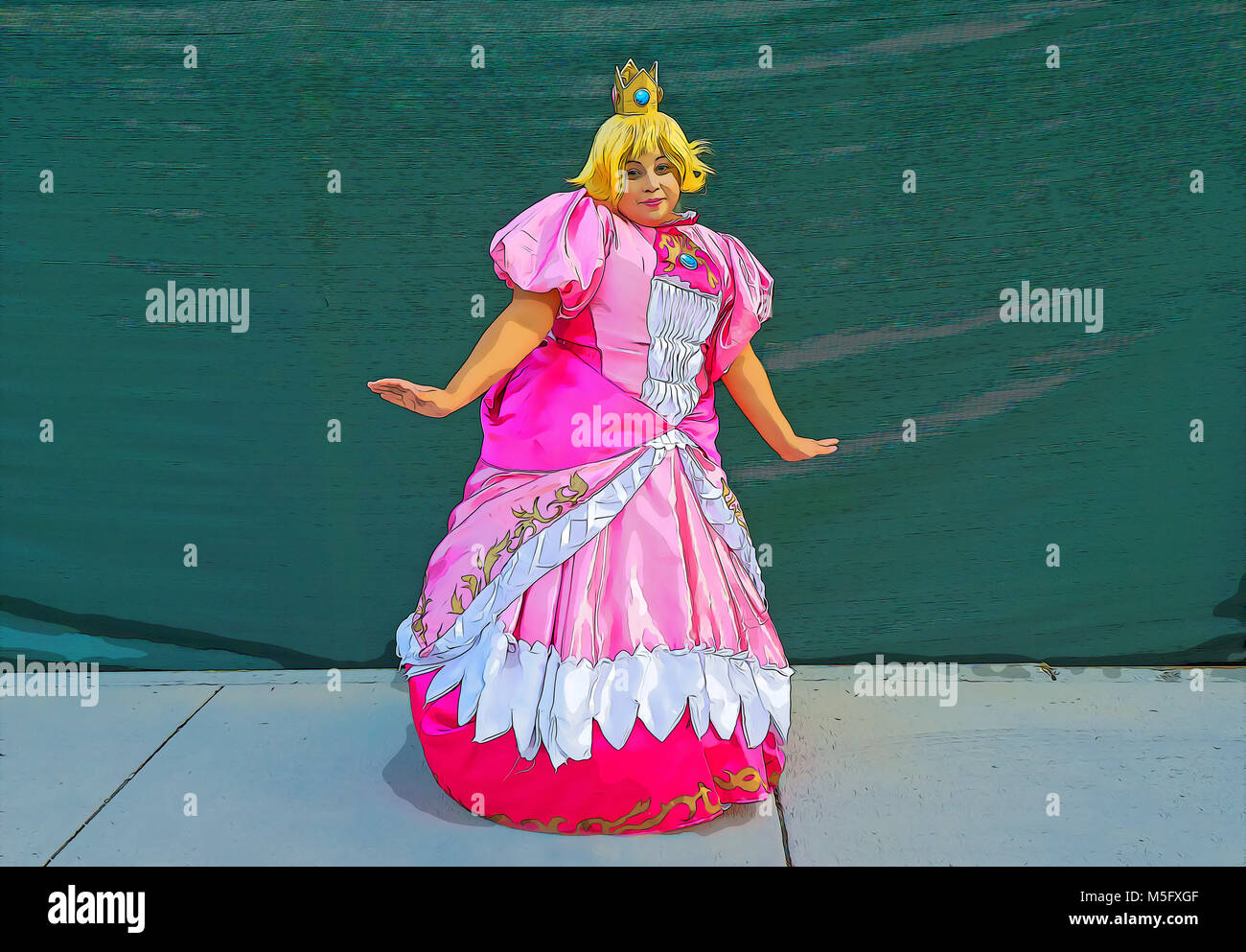 A photoshop manipulated version of a teenager dressed as Princess Peach from Nintendo's Super Mario at 2016 Comicon in New York City. Stock Photo