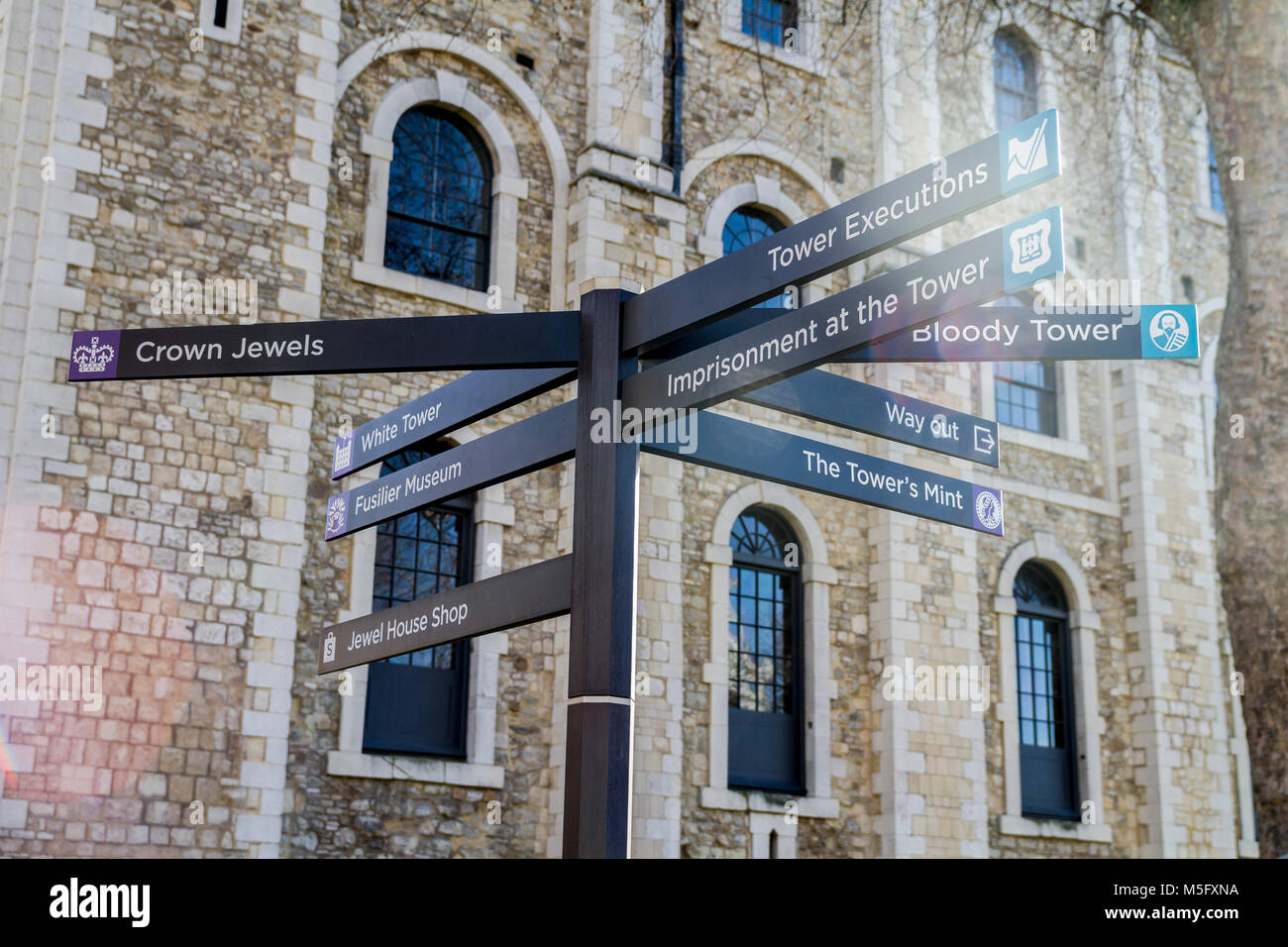 Signpost in the square at the tower of london, beefeaters tour, London UK Stock Photo