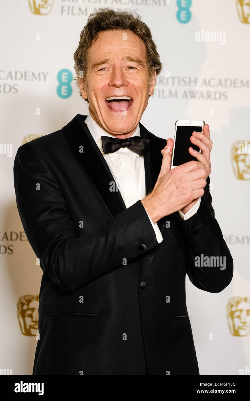 Brian Cranston backstage at the EE BRITISH ACADEMY FILM AWARDS IN 2018 on Sunday February 18, 2018 held at the Royal Albert Hall, London. Pictured: Brian Cranston Stock Photo