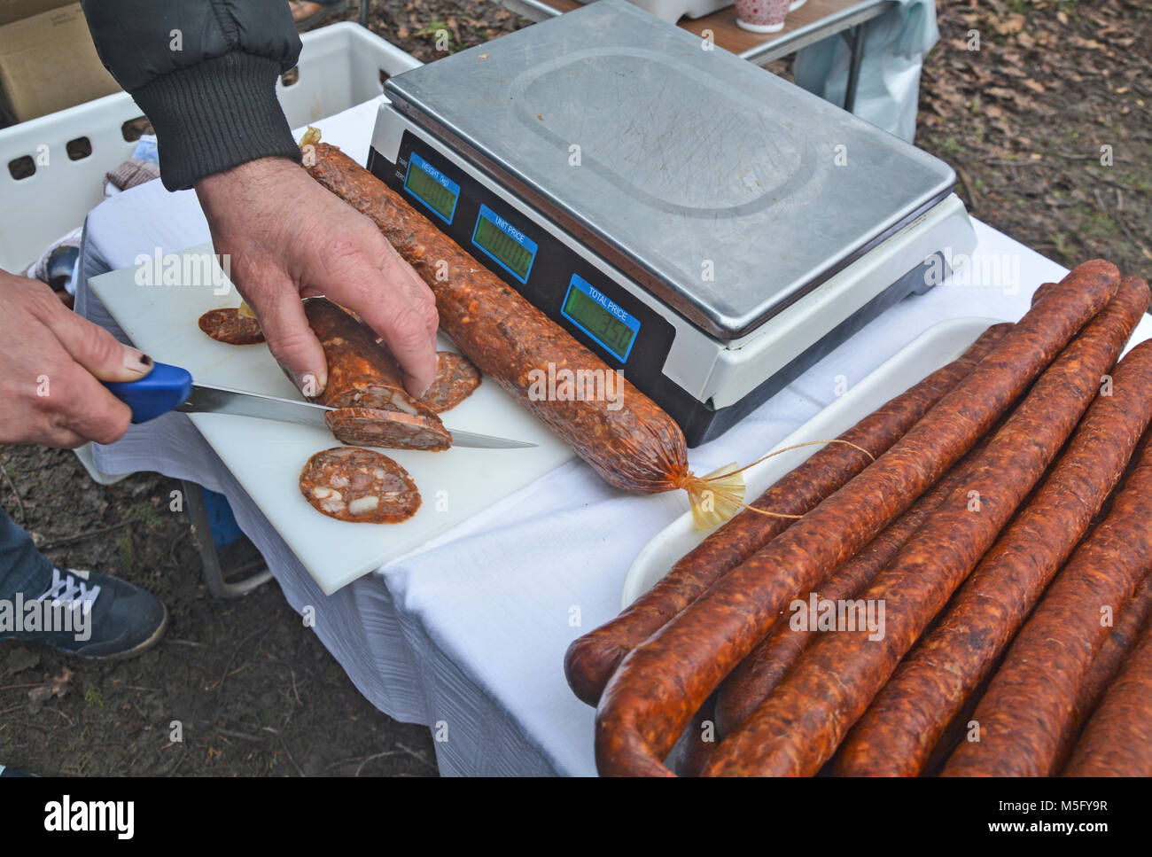 Freshly produced sausages that are put up for sale Stock Photo Alamy