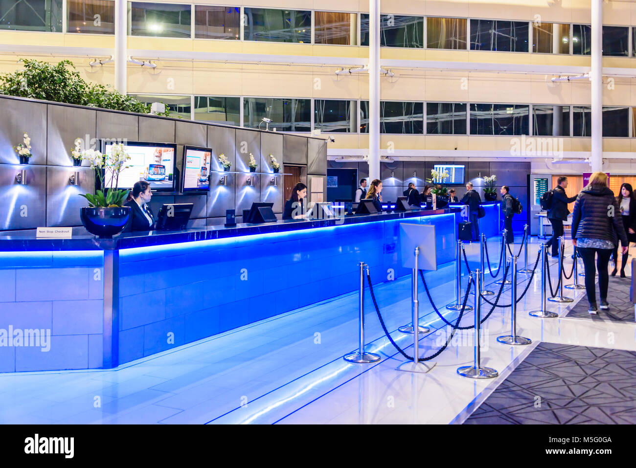 Reception and Lobby of the Premier Inn, Terminal 5 London Heathrow Stock Photo