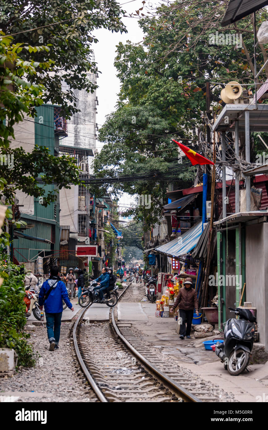 "Hanoi Train Street", a narrow street in the centre of Hanoi with live railway tracks on which