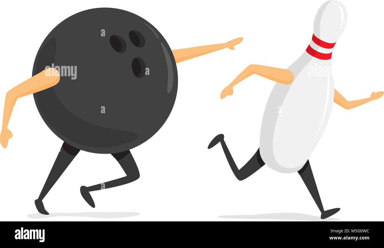 Cartoon illustration of bowling ball chasing pin running fast Stock Vector