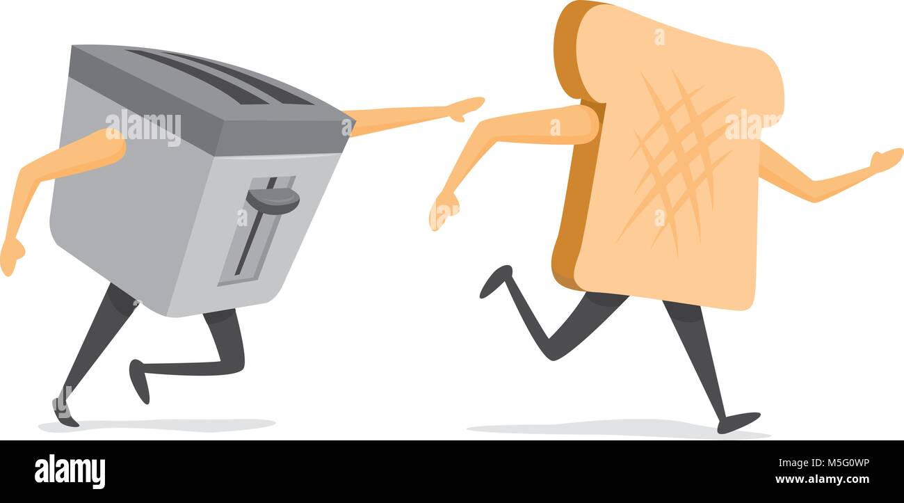 Cartoon illustration of toaster trying to catch a running bread slice Stock Vector