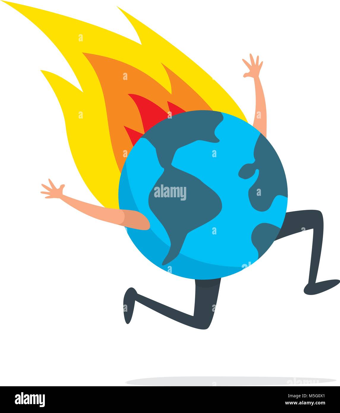 Cartoon illustration of planet earth running desperately on fire Stock Vector