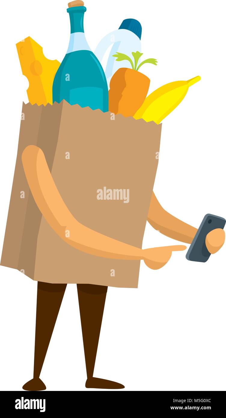 Cartoon illustration of paper bag with groceries using mobile phone Stock Vector