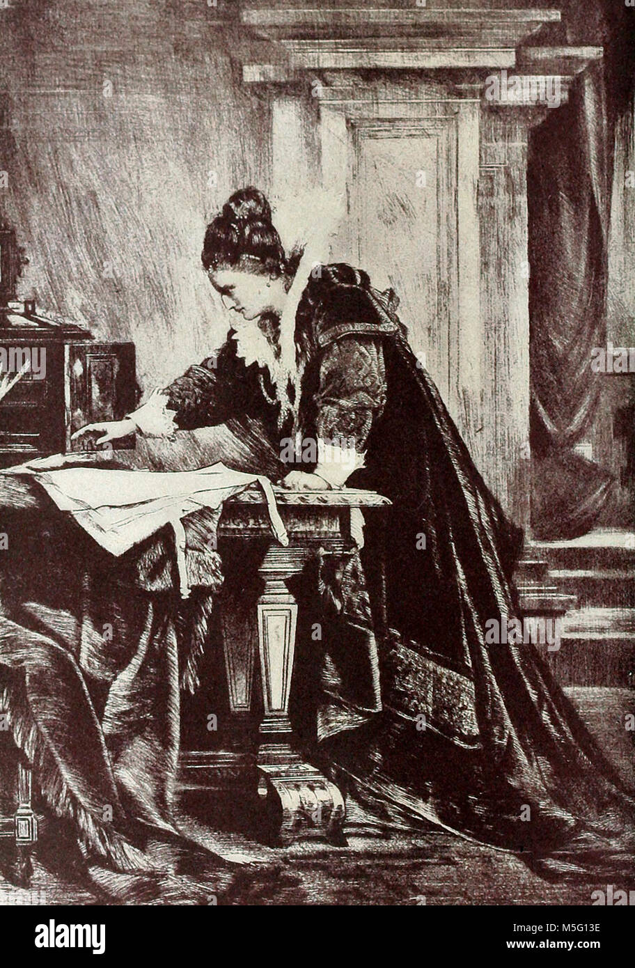 Queen Elizabeth signing the Death Warrant of Mary Stuart Stock Photo