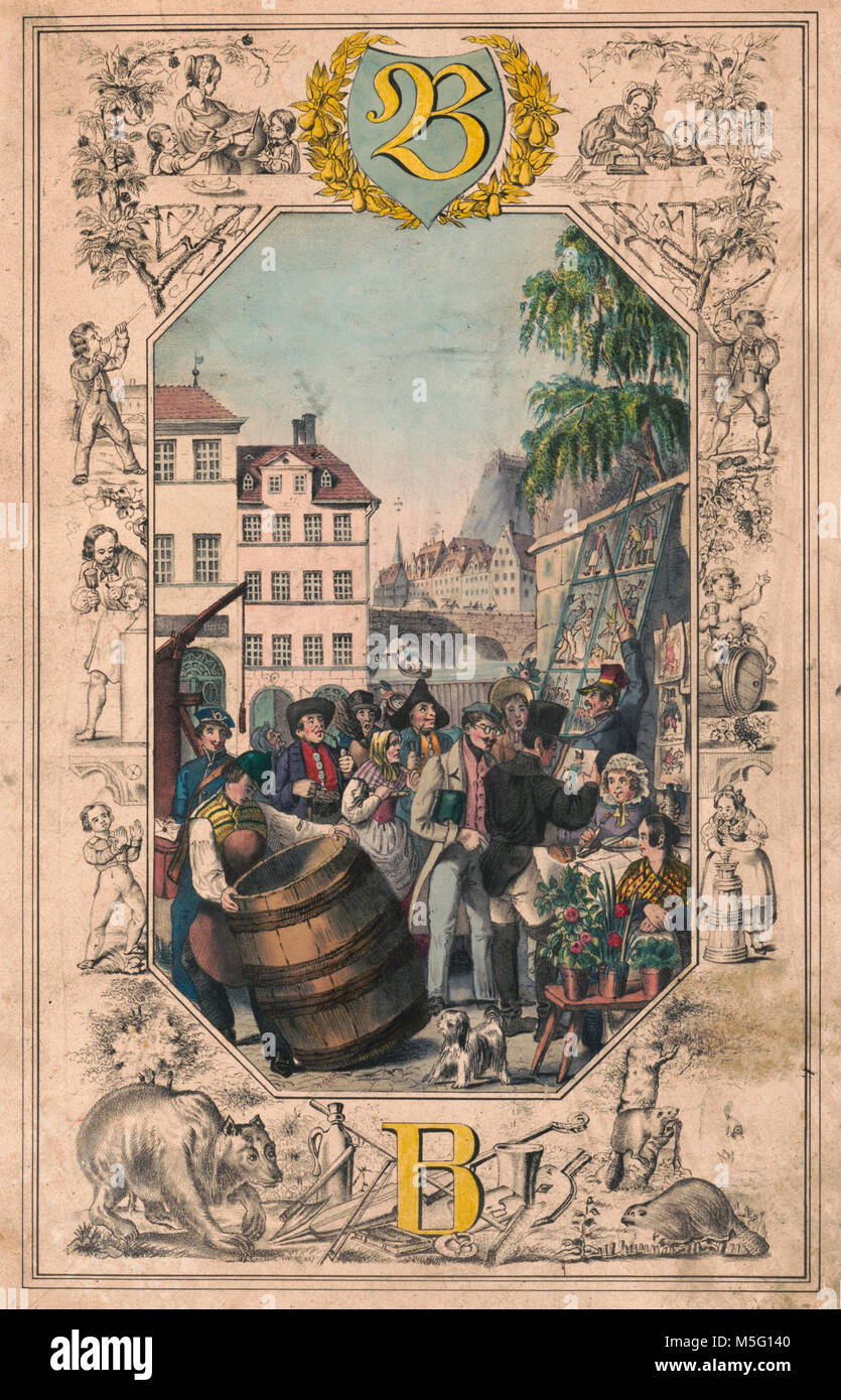 Alphabet page B - Print shows a town square filled with people watching a man explain pictures mounted on a board leaning against a wall, also shows a cooper with a large barrel, a woman with flowers, and a woman seated at a table with food. Around the border are depicted men, women, and children engaged in various activities, and at bottom are a bear, a beaver, and various implements; the letter B appears at top and bottom center. Circa 1860 Stock Photo
