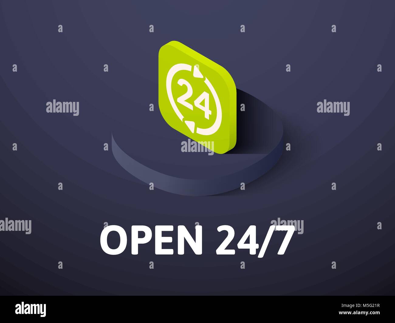 Open 24-7 isometric icon, isolated on color background Stock Vector
