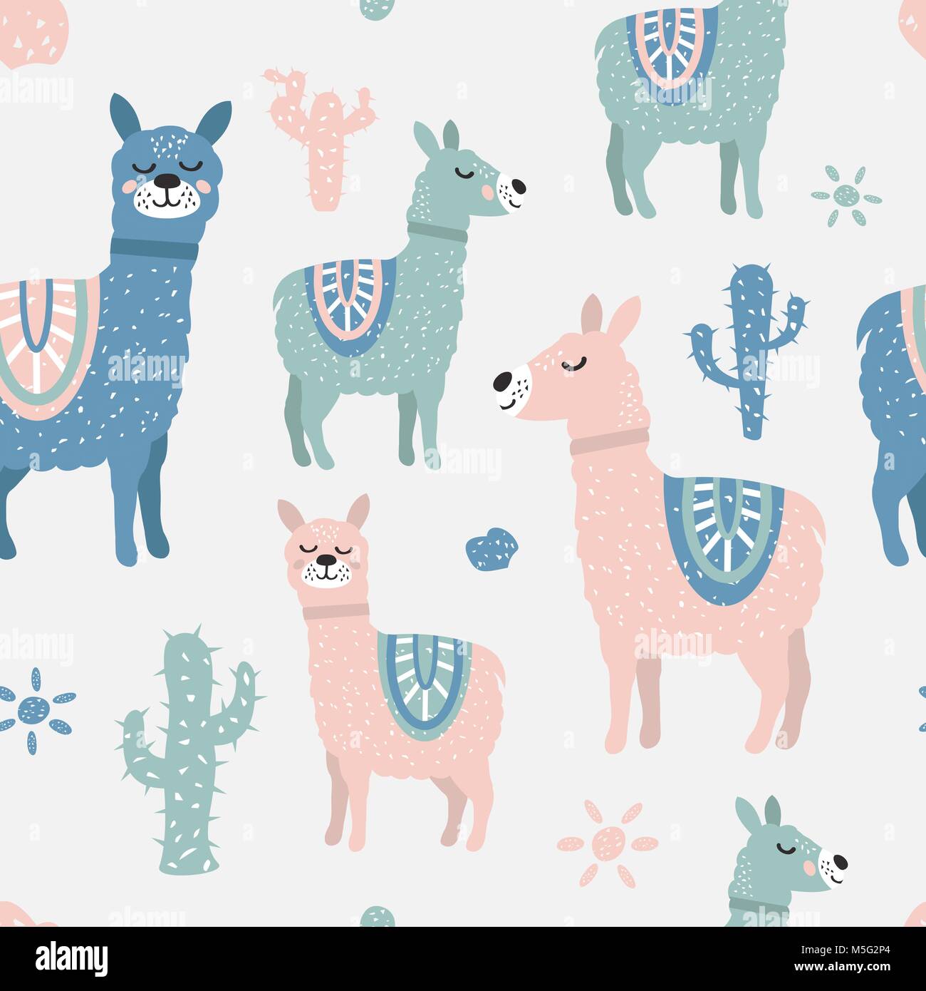 Childish seamless pattern with cute llama and cactus. Creative texture for fabric Stock Vector