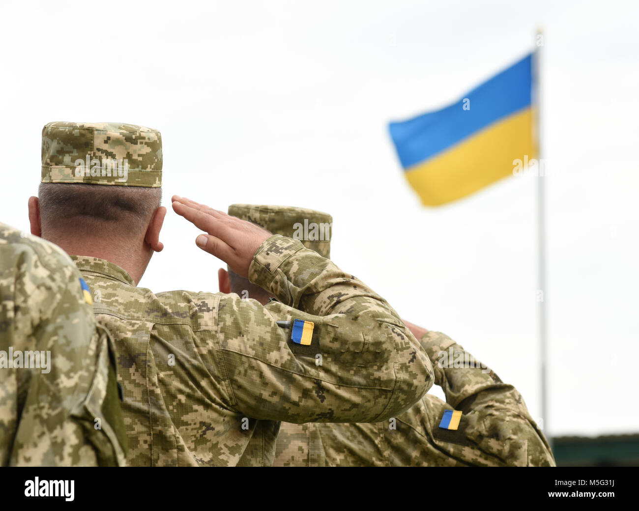 Ukrainian soldiers giving salute. Flag of Ukraine Stock Photo