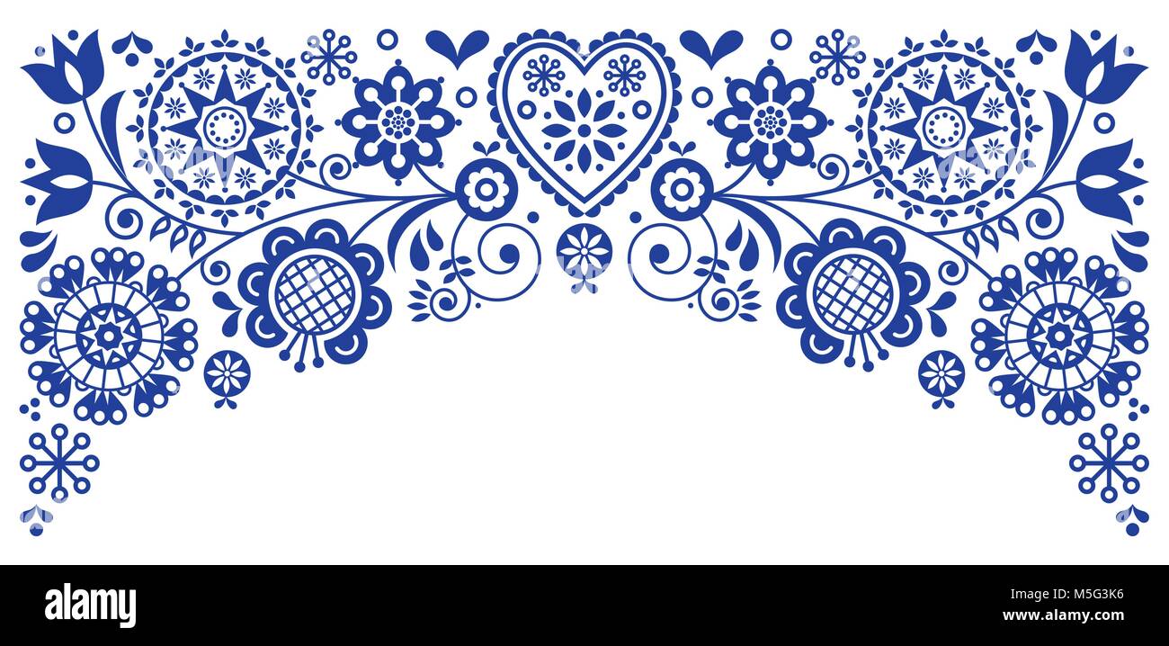 Folk art frame border retro vector greeting card design, floral ornament inspired by Scandinavian art Stock Vector